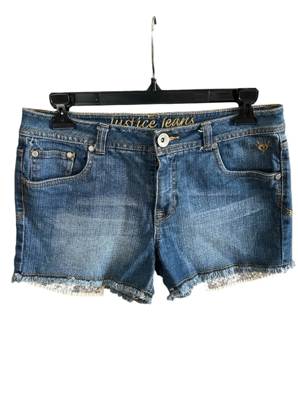 Justice Medium Wash Frayed Hem Denim Shorts Low Rise Y2K Sequin Trim Girls 12
